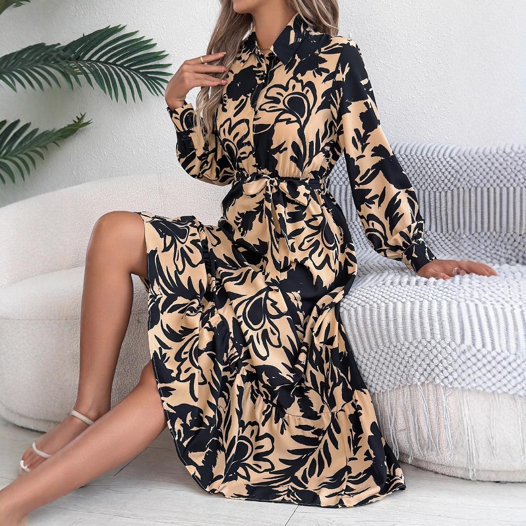 

GMXIA Spring Summer Casual Flower-patterned Long-sleeved Shirt Dress Ruffled Long Dress Women s Clothing S хаки