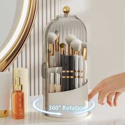 360° Rotating Makeup Brush Holder With Lid Dustproof Clear Cover Cosmetic Storage Box Countertop Eyebrow Pencil Case Organizer