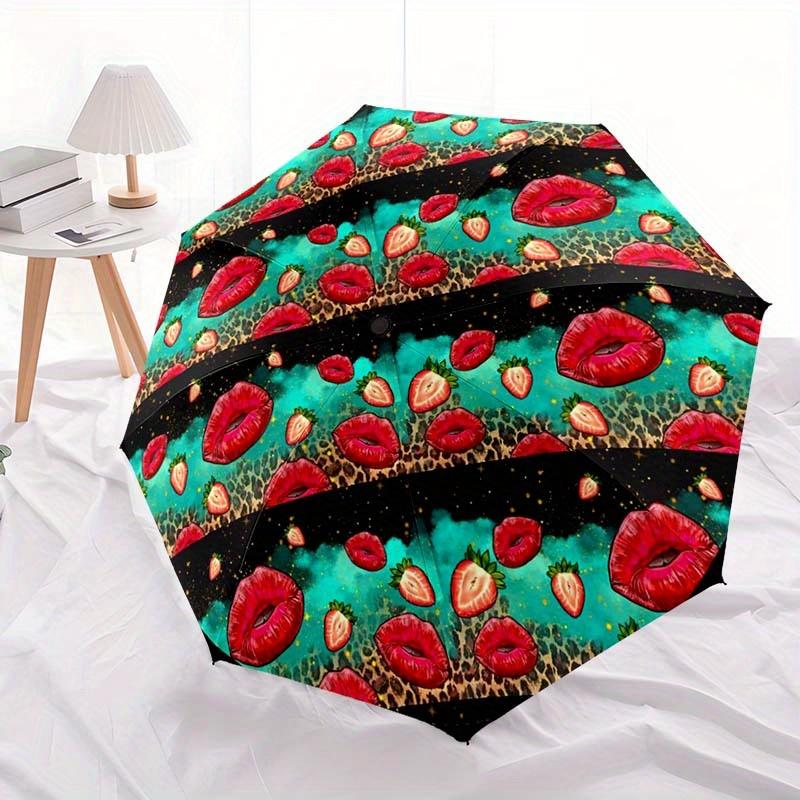 

1pc Strawberry Leopard Red Lips Pattern Automatic Folding Umbrella - Portable & Foldable 8-Rib Design, Durable Plastic/ Iron, (as the picture,Iron&8K)