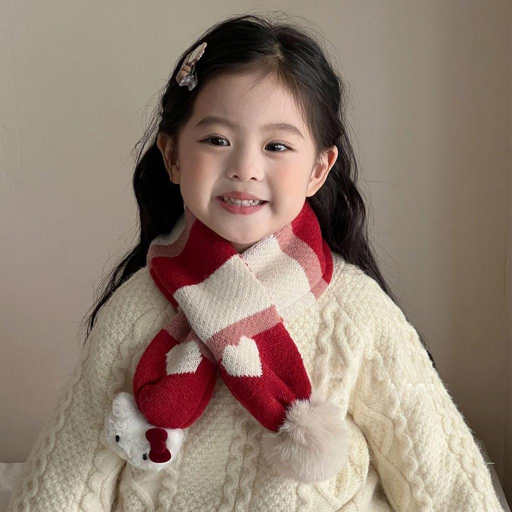 KT Kids' Red Heart Pom-Pom Scarf: Windproof, Warm, and Cute for Autumn/Winter Neck Protection