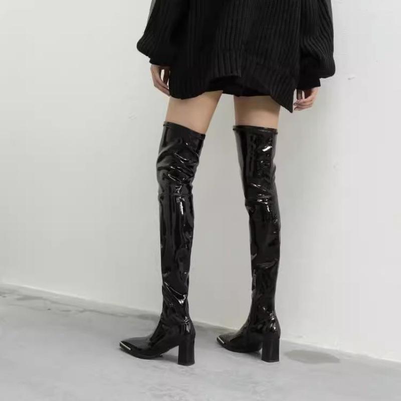 Sleek Kendall Jenner Patent Leather Thigh-High Boots - Autumn/Winter Collection with Elastic High Heels and Plus Velvet Finish