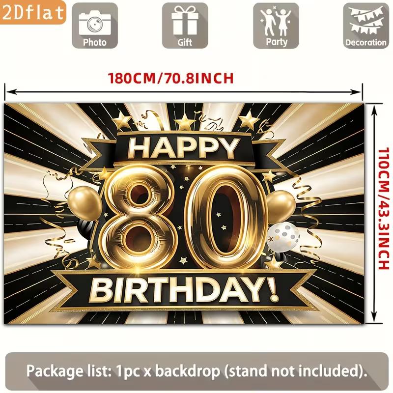 2D 80th Birthday Decoration Backdrop Black Gold Happy 80 Birthday Banner Photo Booth Background for Party Supplies