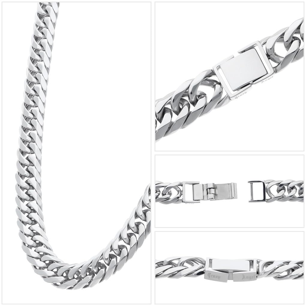 [Shinjuku Gin no Kura] Crazy Angel Men's Curb Chain, 6-Sided Double Curb Chain, 10mm Wide, 50cm, Surgical Stainless Steel