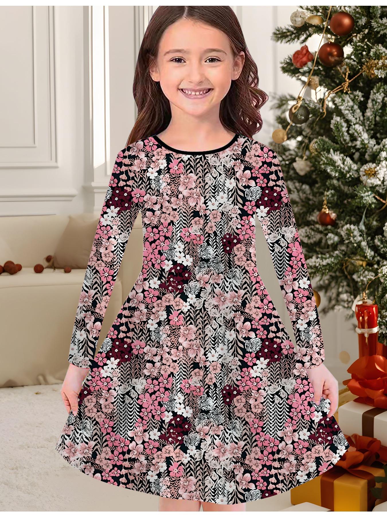 

Модное осенне-зимнее платье для девочек, платье-футболка с длинным рукавом и круглым вырезом, с 3D цветочным принтом, повседневное, универсальное, рождественская одежда 170 розовый