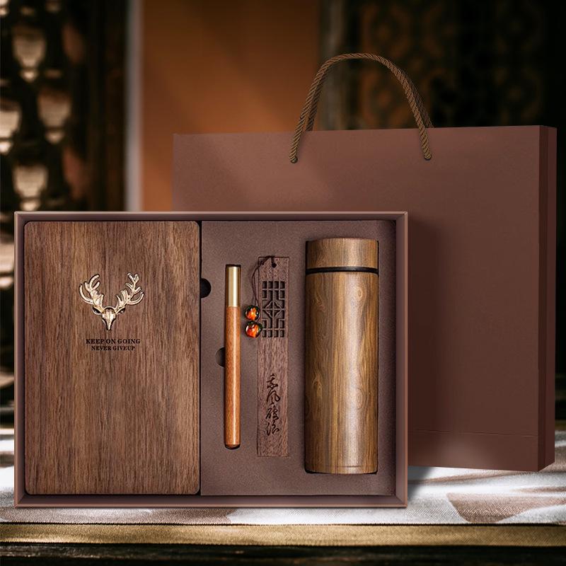 Custom Wooden Notebook & Thermos Gift Set: Plum, Orchid, Bamboo, Chrysanthemum Designs for Teachers & Clients, Perfect for Graduation Season