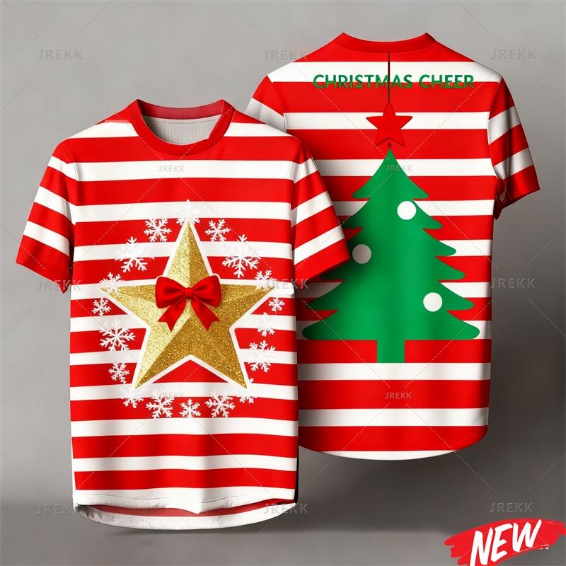 Red Stripes Cartoon Christmas Tshirt Men Women 3d Printing Merry Christmas Tee Shirts Tops 2026 New Year Short Sleeve T-shirt