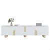 Meuble TV bas 180 x 40 x 44 cm avec 4 portes et pieds en bois sphérique, meuble TV avec aspect marbre en MDF - Blanc