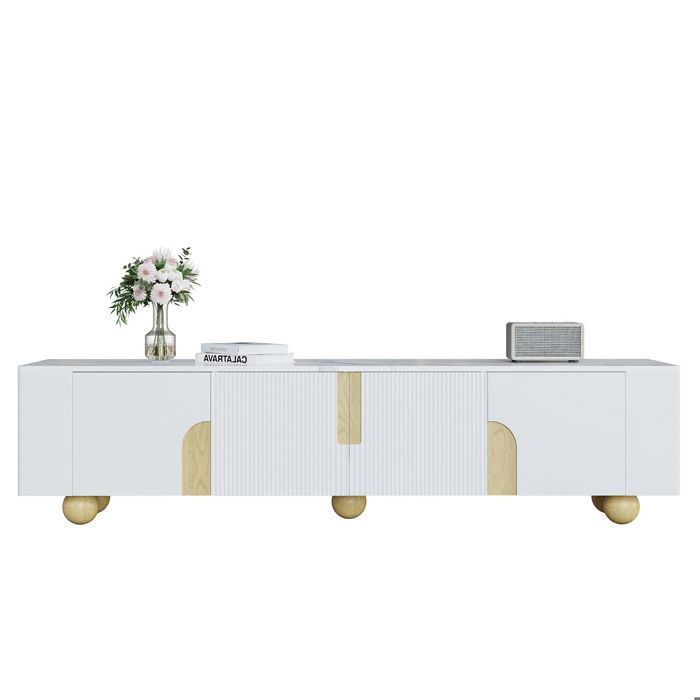 Meuble TV bas 180 x 40 x 44 cm avec 4 portes et pieds en bois sphérique, meuble TV avec aspect marbre en MDF - Blanc