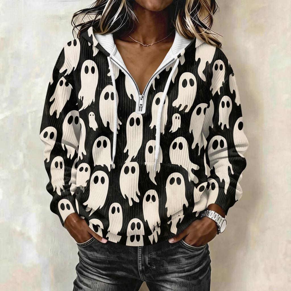 Women's Halloween Printed Long Sleeve Hoodie Drawstring Pullover Sweatshirt