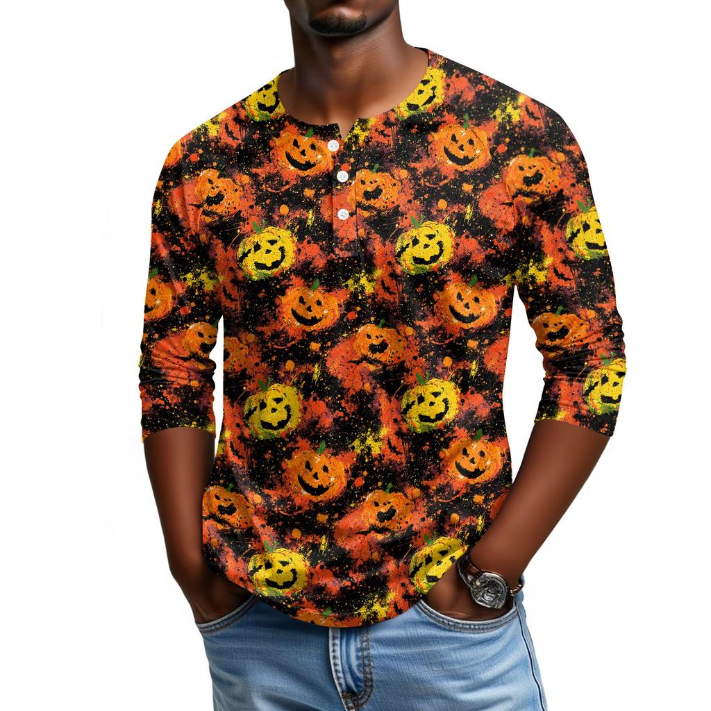 Men Casual Halloween Print Henley Shirt Raglan Sleeve Three Quarter Length Button Front Top