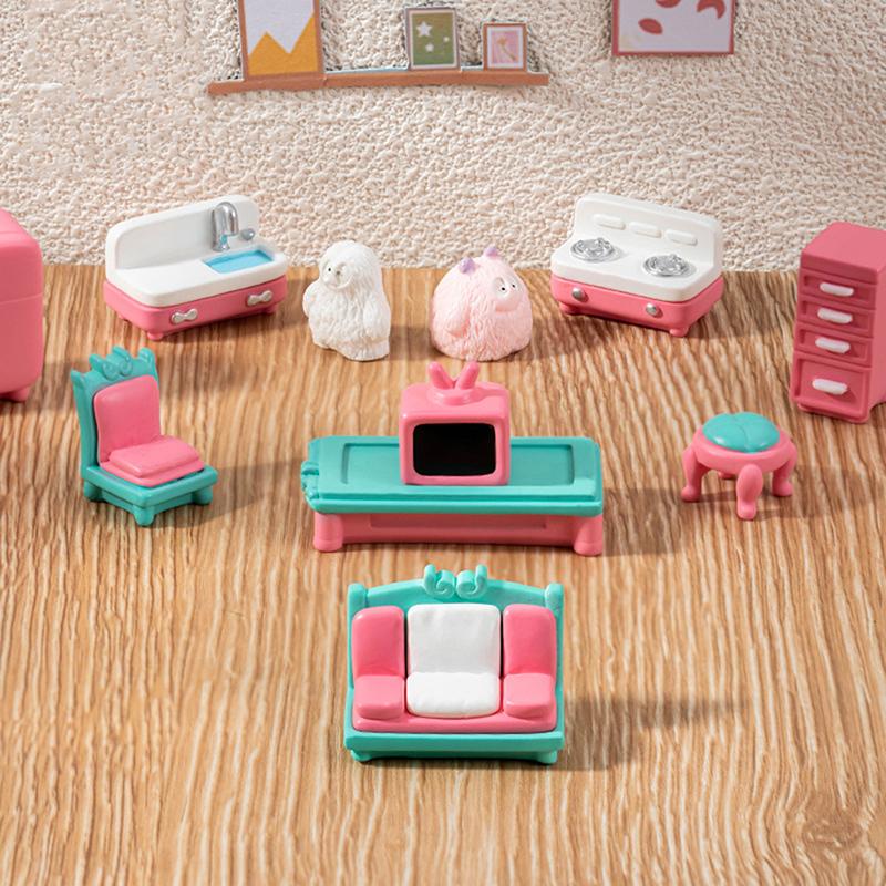 Miniature Furniture Ornaments Forest Family Kitchen Toy Dining Table Dollhouse Accessories Bathroom Pretend Play For Girl Gifts