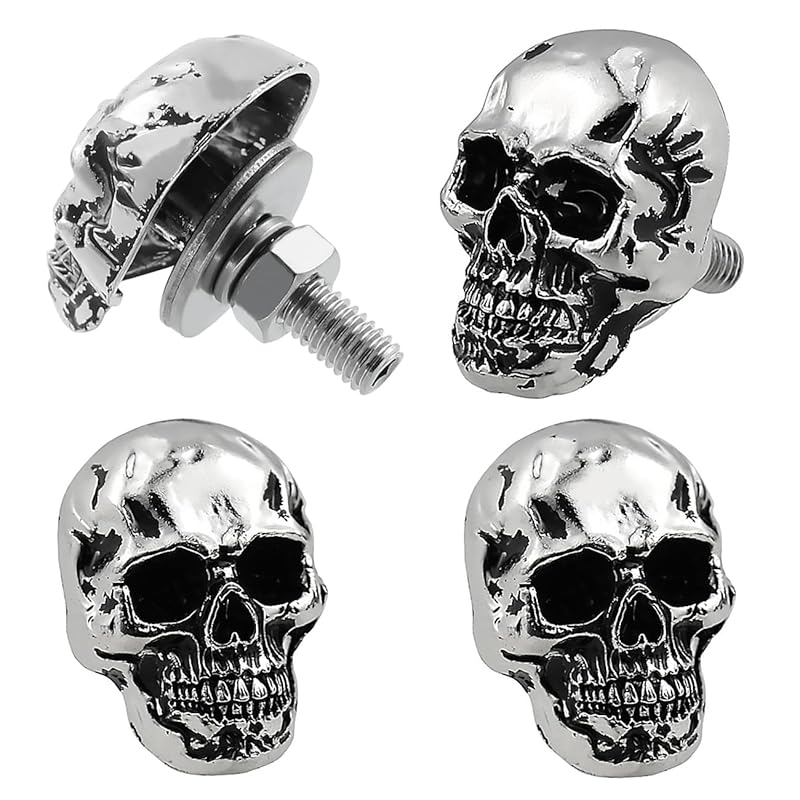 Skull License Plate Screw Fasteners Decorative Cool Funny License Plate Bolts License Plate Frame Kit 4 Pcs Aluminum Alloy Universal Fit Most Cars