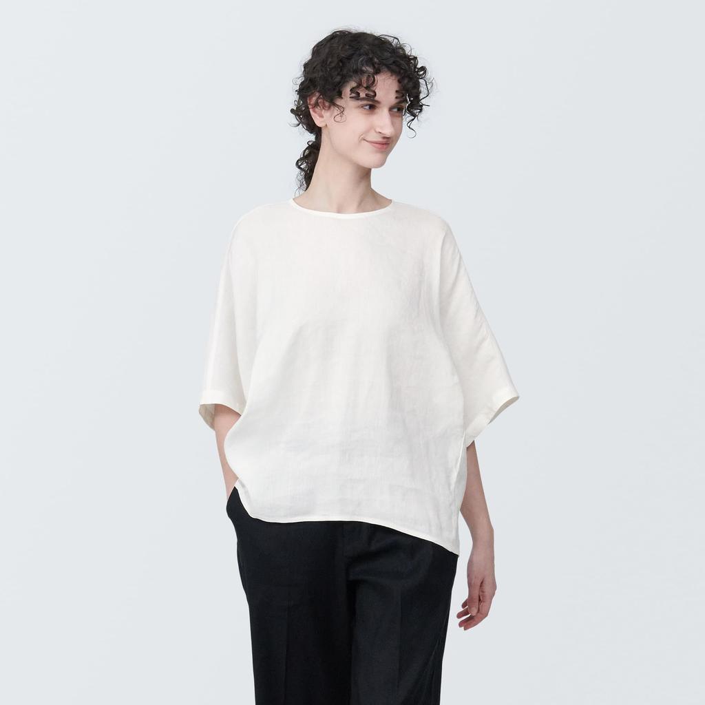 MUJI Hemp Rayon Short Sleeve Size S Women's Blouse, Off-White, (BC2IUA4S)
