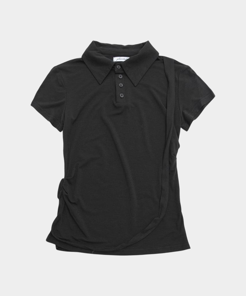 PLACE STUDIO Strap Side Shirring Slim Fit Standard Women'S Collar Soft Short Sleeve T-Shirt [Charcoal]