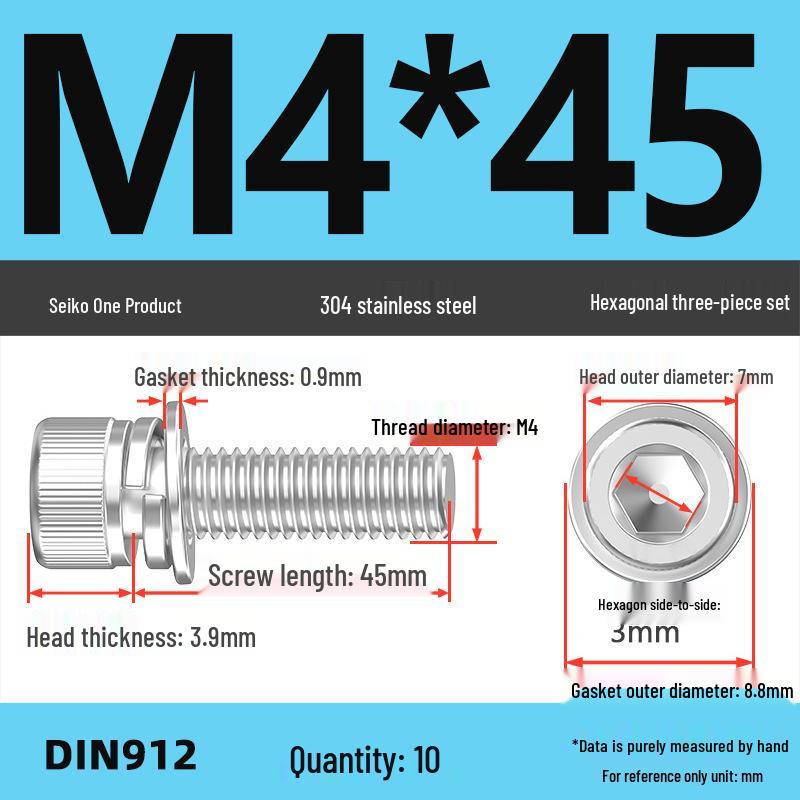 304 Stainless Steel Hex Socket Cap Screw with Washer - Sizes M3, M4, M5, M6, M8, M12