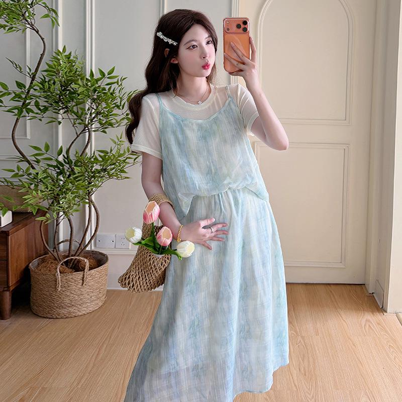 2026 Summer Korean Style Tie-Dye Patchwork Maternity Dress - Fresh, Artistic, and Age-Reducing Two-Piece Look M