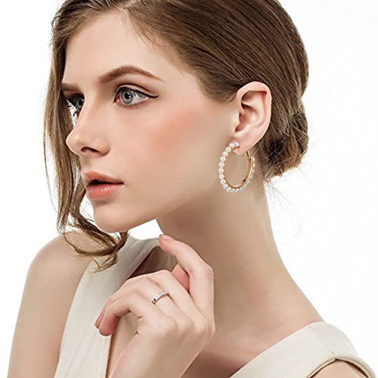 Elegant C-Shaped Gold-Plated Imitation Pearl Earrings with 925 Silver Post for Women