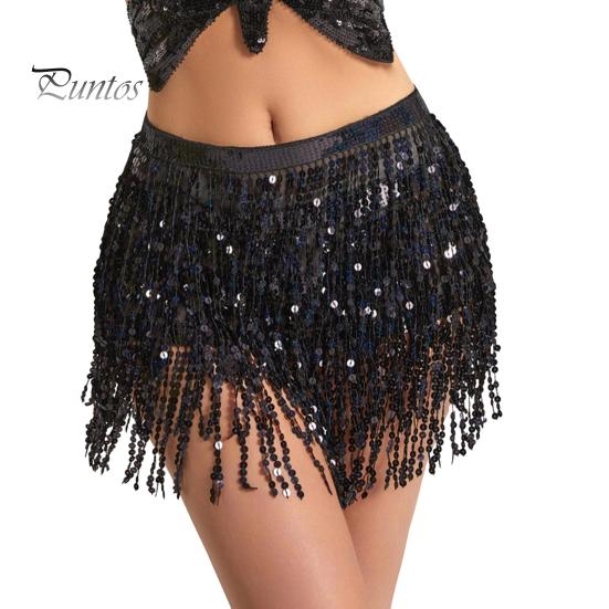 Belly Dance Skirt Sequin Tassel Waist Hip Scarf Exotic Style Tie Up Adjustable Thin Skirt Mesh Festivel Stage Performance Cosplay Mini Skirt Apron
