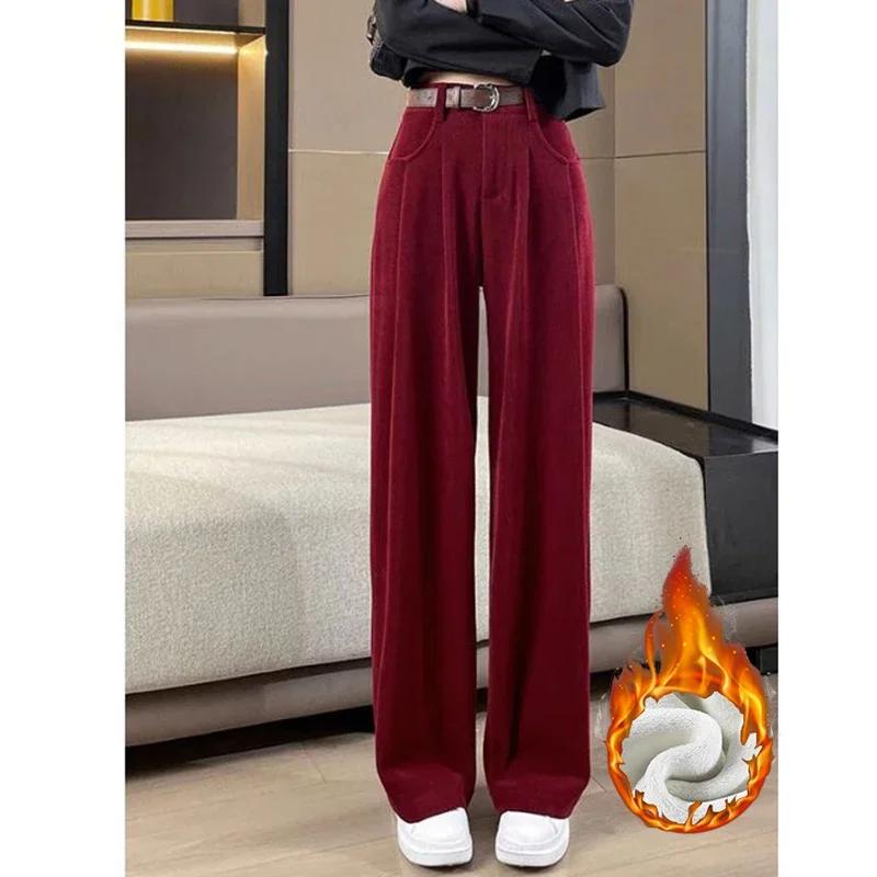 Autumn Winter Lady Snow Warm Pants Classic Fleece High Waist Trousers Women Straight Leg Plush Thermal Casual Pants