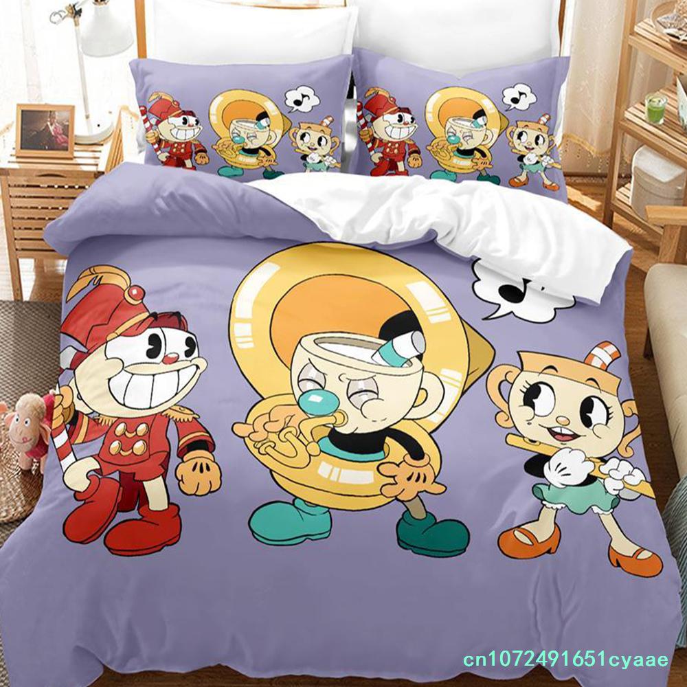 2023 Kawaii Cuphead Mugman Bettwäsche-Set Einzelbett Doppelbett Vollgröße Queen Size King Size Bettwäsche-Sets für Erwachsene Kinder Schlafzimmer Bettbezüge Anime Spiel Bett