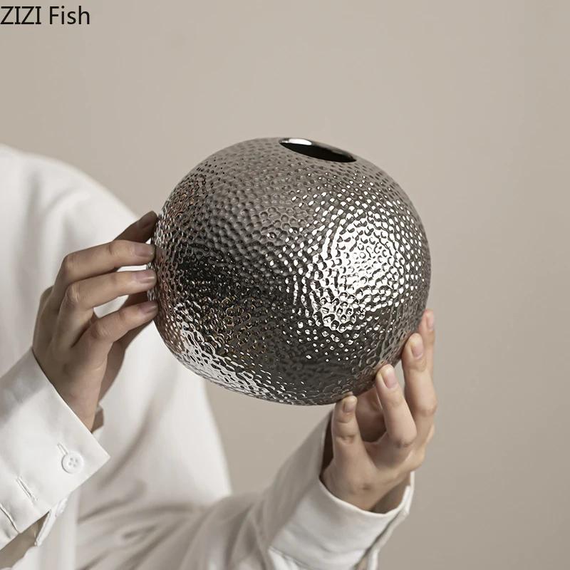 Creative Hammer Pattern Ceramic Vase Round Flower Pots Desk Decoration Flower Arrangement Floral Vases Room Aesthetic Decor