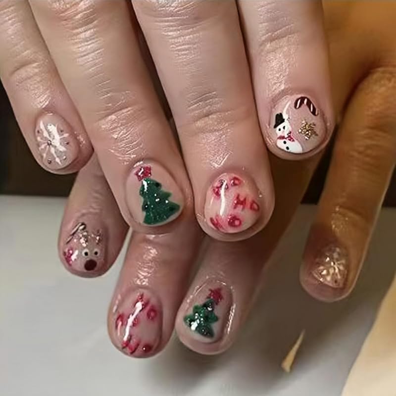Christmas Press on Nails Medium Square Fake Nails Xmas Nails Press ons with Winterberry,Candy Cane,Snowflake,Santa Hat Design Reusable Artificial