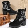Women's Plus-Size Block Heel Embroidery Lace-Up Combat Boots - 2025 Autumn/Winter New, Wide Calf, Fashion Casual, Wholesale