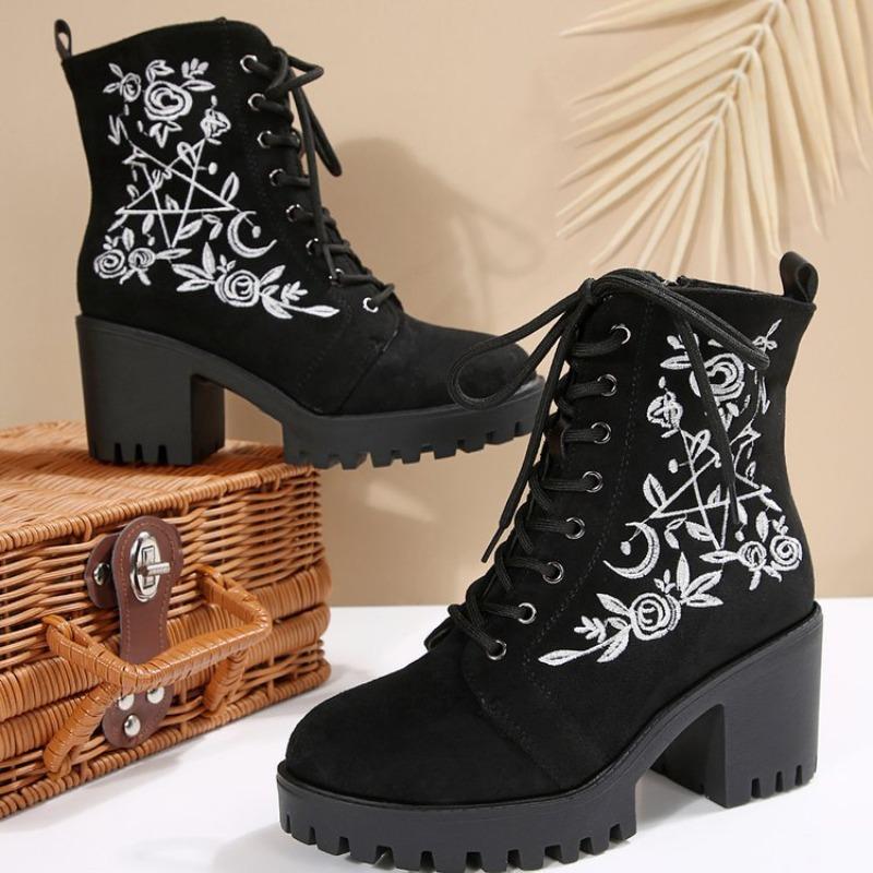 Women's Plus-Size Block Heel Embroidery Lace-Up Combat Boots - 2025 Autumn/Winter New, Wide Calf, Fashion Casual, Wholesale