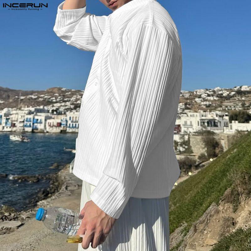INCERUN Oversized Men Round Neck Long Sleeve Texture Plain Buttons Casual T-shirts Tops