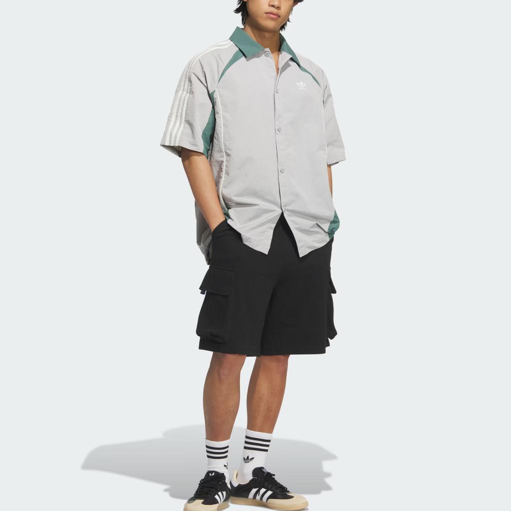 Adidas Originals Retro Ss25 Brand Logo Striped Loose Fit Sports Polo Shirt Men Shirts Light-Gray Detective-Green KD0948