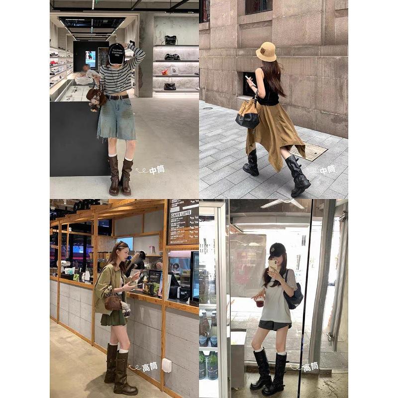 Height increase of 6cm~ fashionable belt buckle square round head pleated medium tube knight boots women's long boots