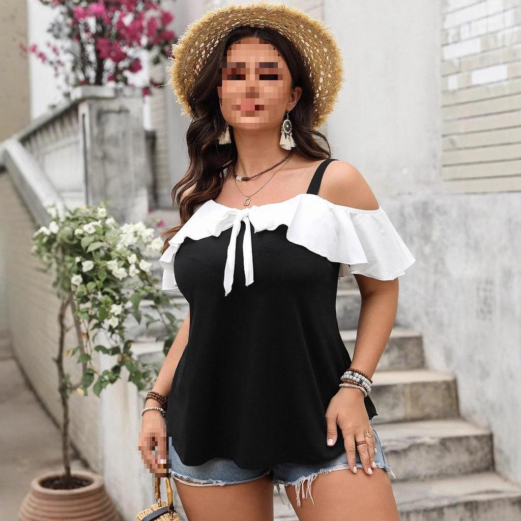 2025 Spring Ruffle Sleeve Off-the-Shoulder Plus Size Women's Shirt
