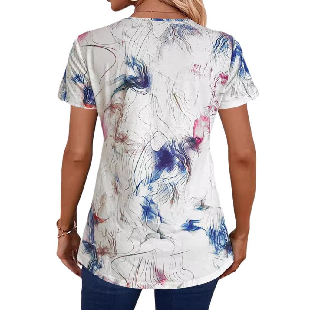 Women's T-shirt short-sleeved V-neck printed casual loose T-shirt
