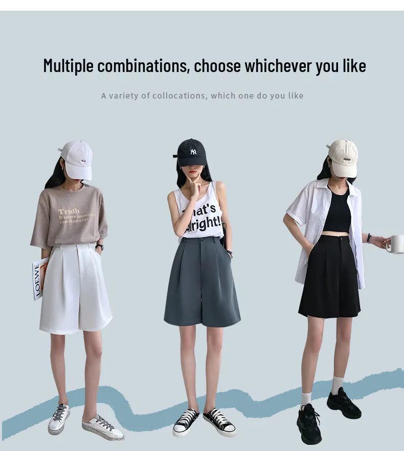 2024 Damskie Letnie Szorty Garniturowe z Wysokim Stanem - Wyszczuplające, Luźne, Styl Pięciopunktowy z Obszyciem Paska