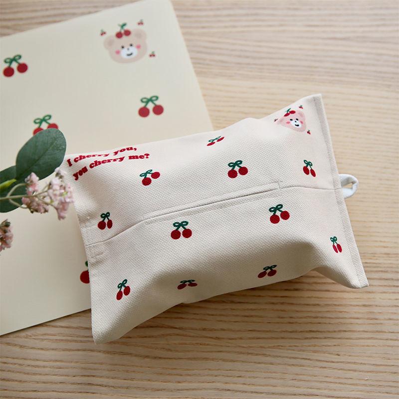 Cute Cartoon Bear Cherry Pattern Fabric Tissue Bag Hanging Linen Tissue Box Cover For Car Home And Travel Use Desktop Organizer