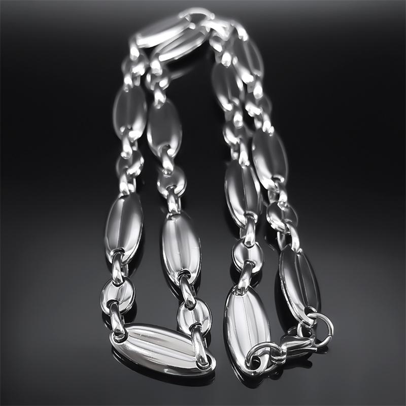 Stainless Steel Big Coffee Beans Seeds Link Chain Necklace Silver Color Hip Hop Long Necklaces for Man Women Jewelry Colar