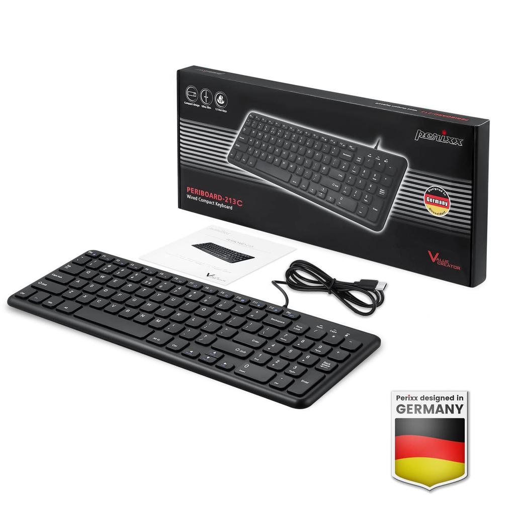 Perixx Tastatur Silent Click Pantograph Key Typ C xx 3 cm kompaktes Design mit Ziffernblock Schwarze Tastatur mit englischem Layout PERIBOARD-213C Typ-C