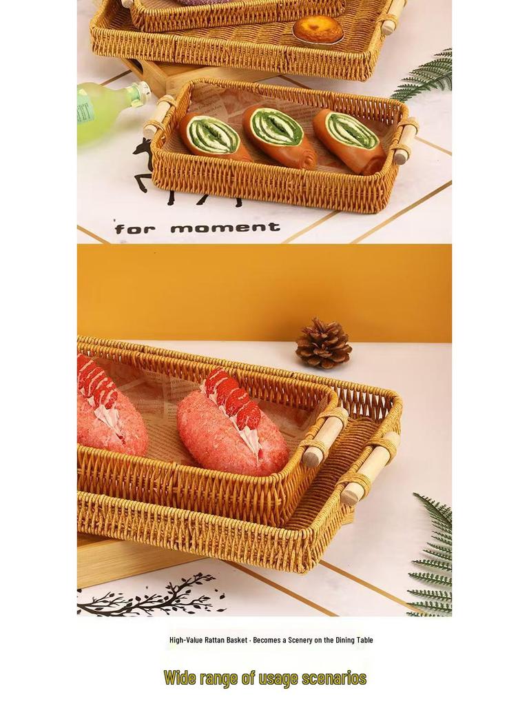 Woven Rattan Snack & Fruit Basket Tray for Living Room or Picnic Display