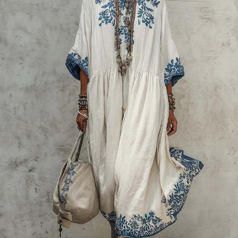 Summer European Style Women Clothing Loose Fit Fashion Elegant Round Neck Print Maxi Dress S
