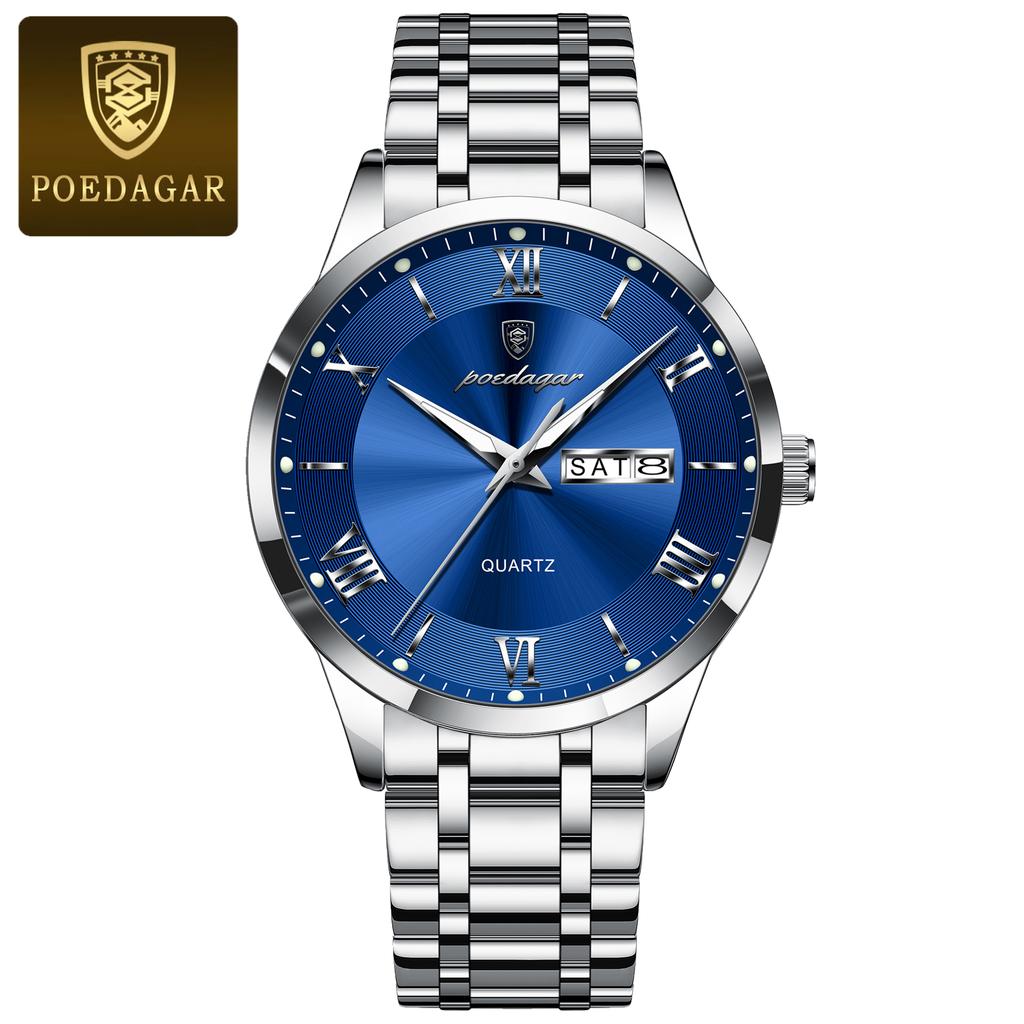 POEDAGAR Luxury Fashion Men Clock Waterproof Luminous Week Date Sports Wristwatch Stainless Steel Quartz Watches Reloj