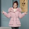 Women Winter Coat Thick Plush Furry Hooded Long Sleeves Pockets Drawstring Waist Zip-up Windproof Mid Length Overcoat Outdoor Outwear