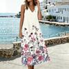 Sleeveless V Neck Midi Dress with Leaf Pattern Print Loose Fit Casual Style Lightweight Fabric