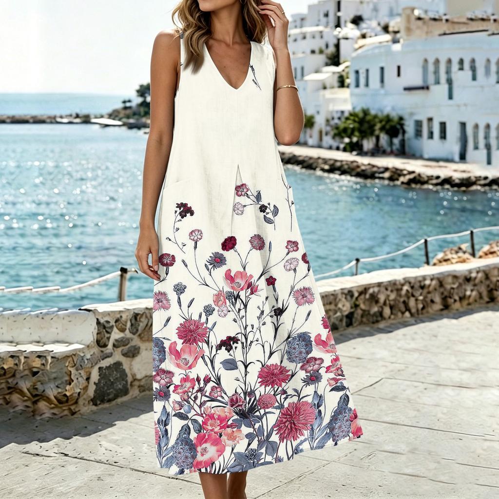 Sleeveless V Neck Midi Dress with Leaf Pattern Print Loose Fit Casual Style Lightweight Fabric