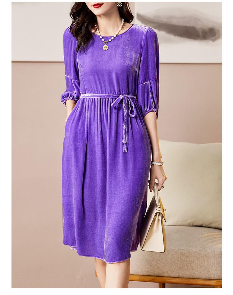 Silk Velvet Women's Dress with Belt & 3/4 Sleeves - Autumn Winter Collection