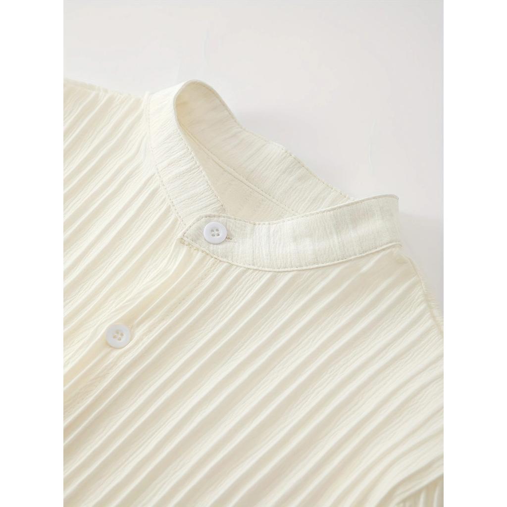 Men's Button Textured Casual Striped Short Sleeved Shirt and Elastic Straight Leg Pants Set, 2-piece Set