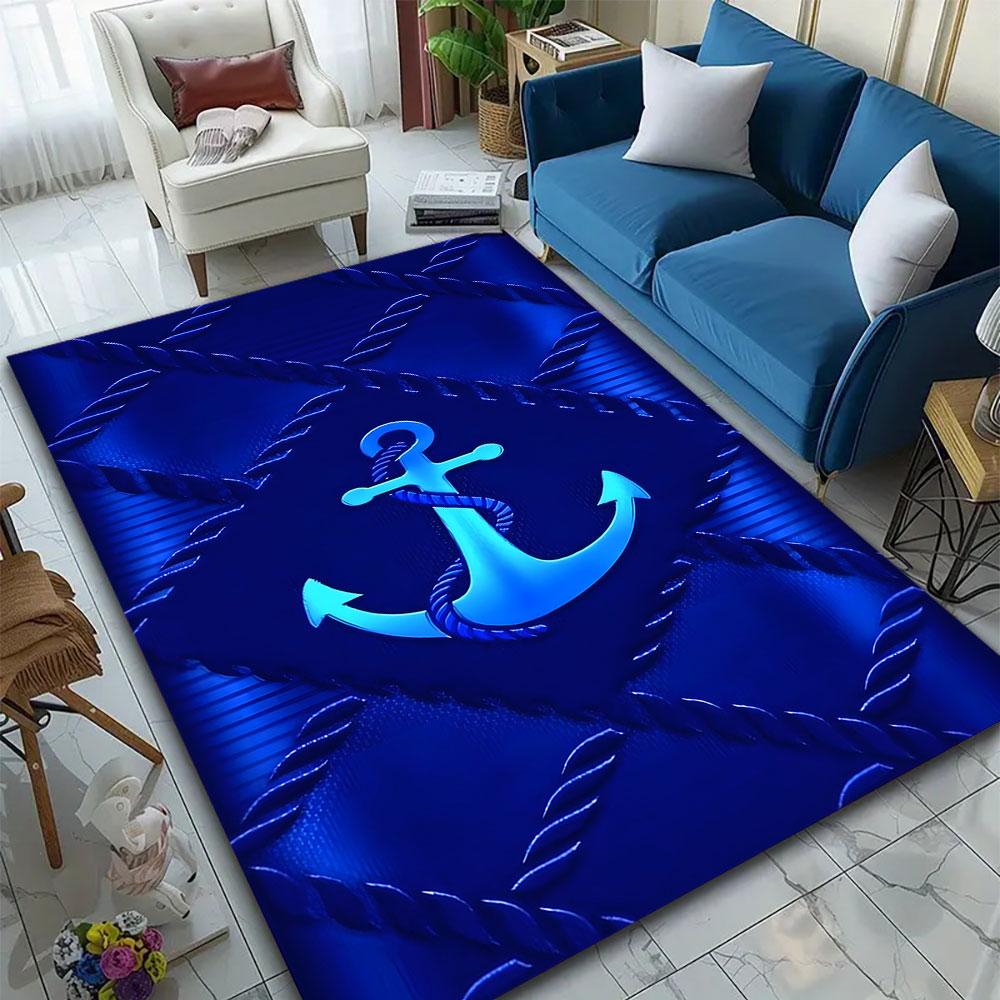 Nautical Anchor Design with Rope Motif Patterned Carpet, Suitable As a Non Slip Play Mat for the Living Room and Bedroom Sofa