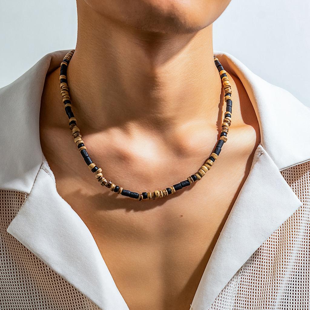 Brown and Black Small Beaded Chain Necklace Men Trendy Wood Beads Short Choker Necklace Collar on Neck 2023 Fashion Jewelry Male