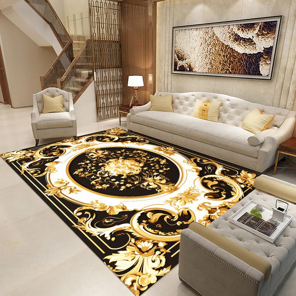 Goldener Schwarzer Teppich für Wohnzimmer Luxus Große Fläche Dekoration Bodenmatte Moderne Teppiche Rutschfest Weich Waschbar Schlafzimmer Lounge Teppich