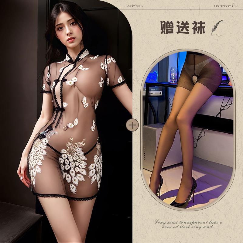 Embroidery embroidery erotic underwear sexy perspective temptation pure desire pajama set Republic of China cheongsam set