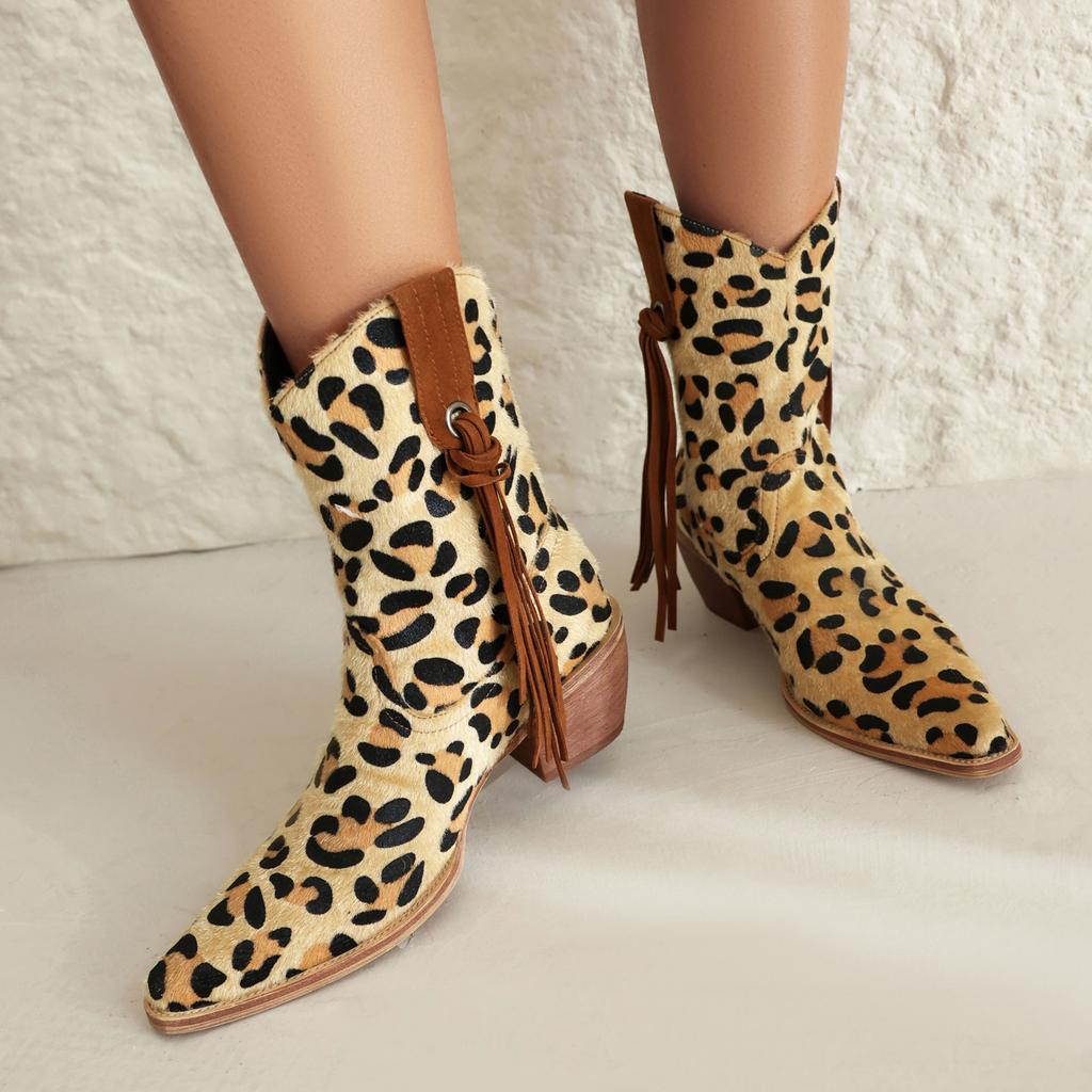 2025 Semišová látka s leopardím vzorem Vzhled dřeva Silný podpatek Střapec Tenký pásek Nazouvací Westernové boty Plyšová podšívka na zimní boty